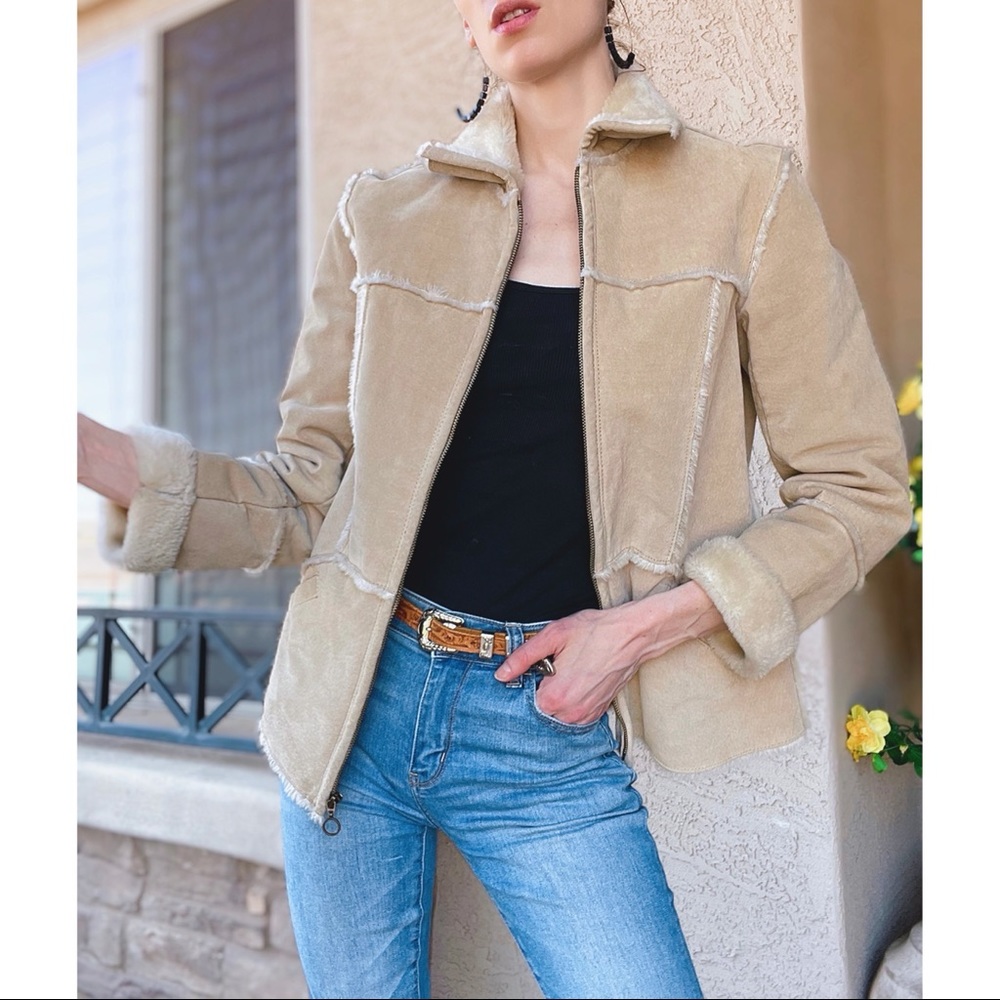 VINTAGE Y2K XOXO Beige Suede & Faux Fur Shearling  Sherpa Zip Leather Jacket